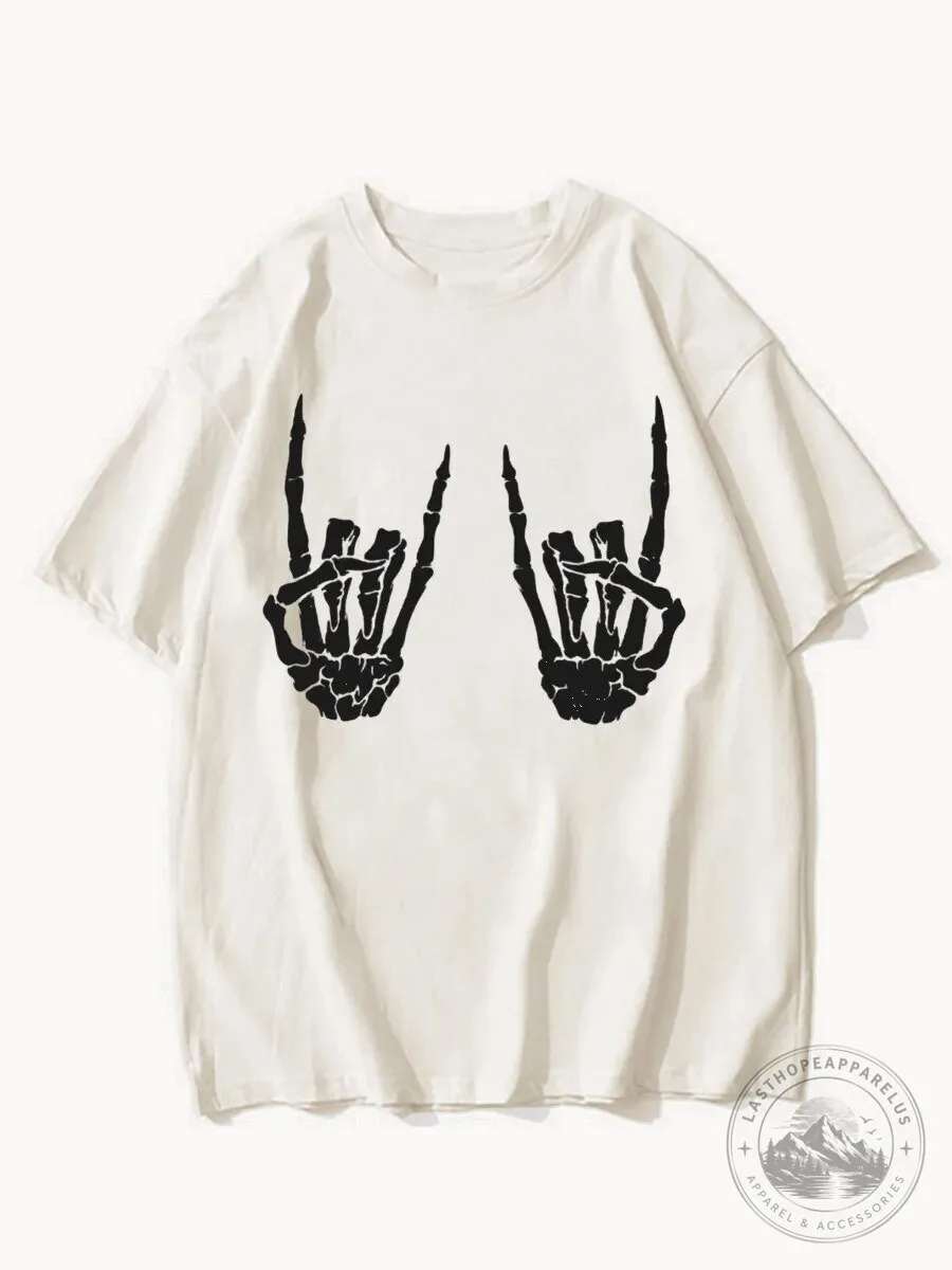 Skeleton Rock and Roll Hand Sign Oversized Short Sleeve T-Shirt 5 Skeleton Rock and Roll Hand Sign Oversized Short Sleeve T-Shirt