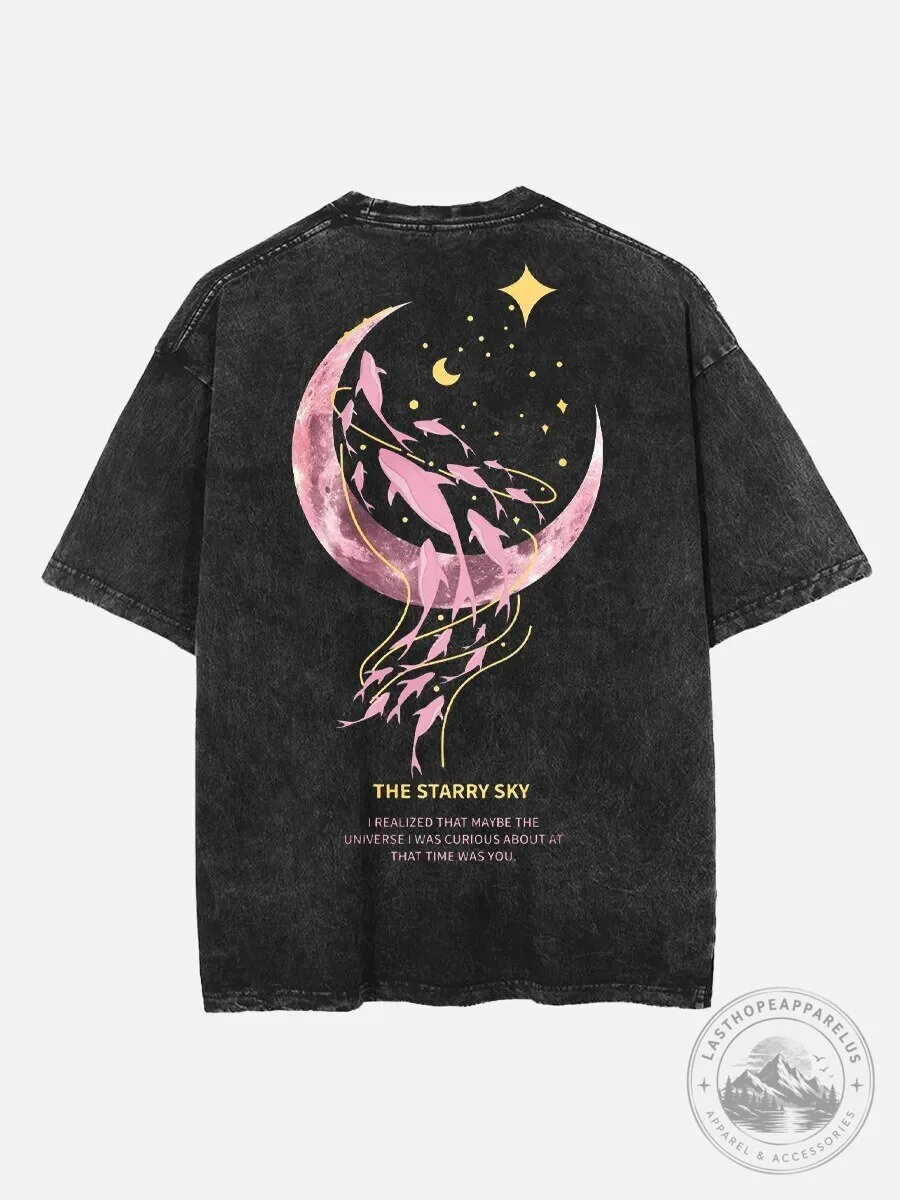 Starry Sky Moon and Fish Celestial Washed T-Shirt