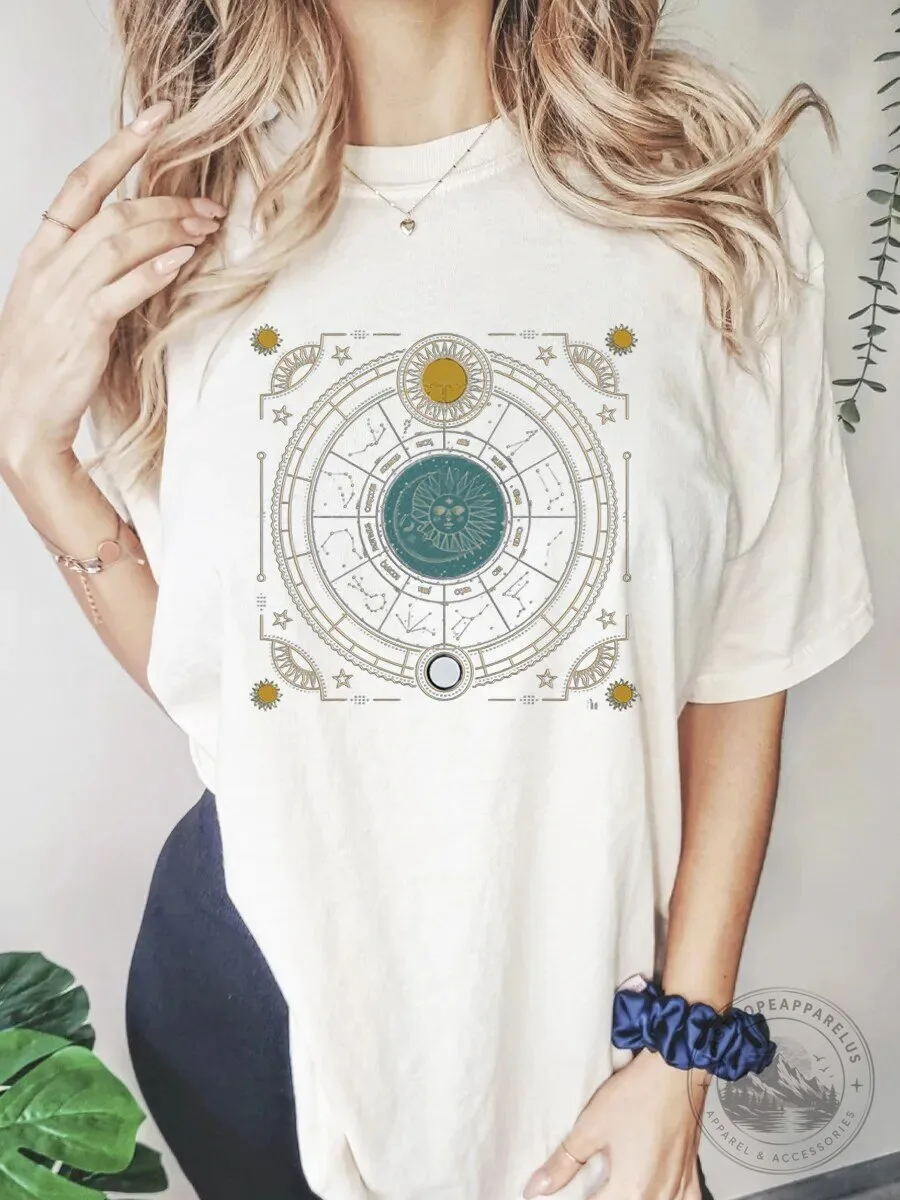 Celestial Sun Moon Stars Zodiac Astrology Chart Graphic T-Shirt