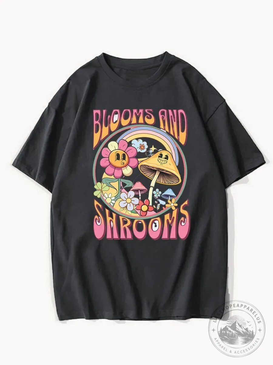 Blooms and Shrooms Psychedelic Mushroom Flower Retro Graphic T-Shirt