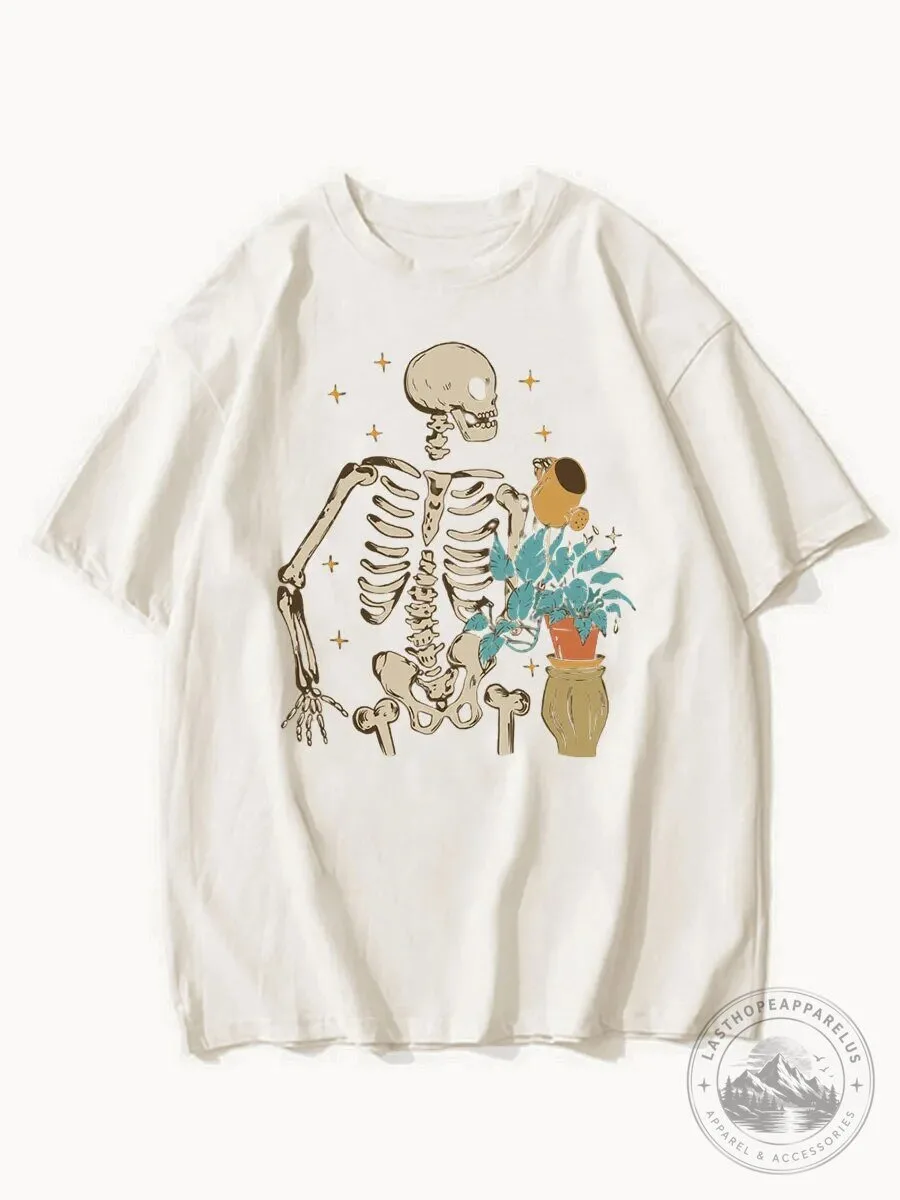 Skeleton Watering Plant Vintage Style Graphic T-Shirt