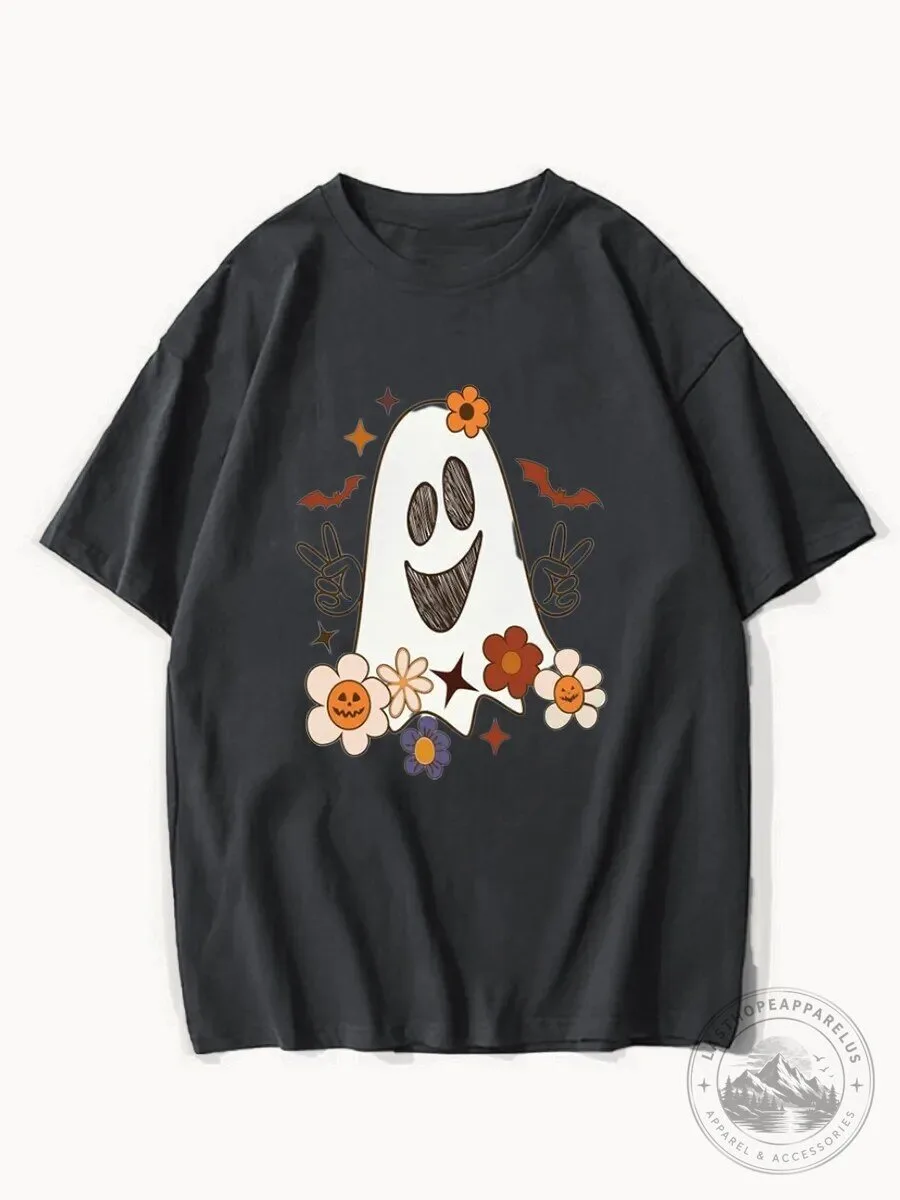 Cute Boho Ghost Halloween Graphic T-Shirt for Women