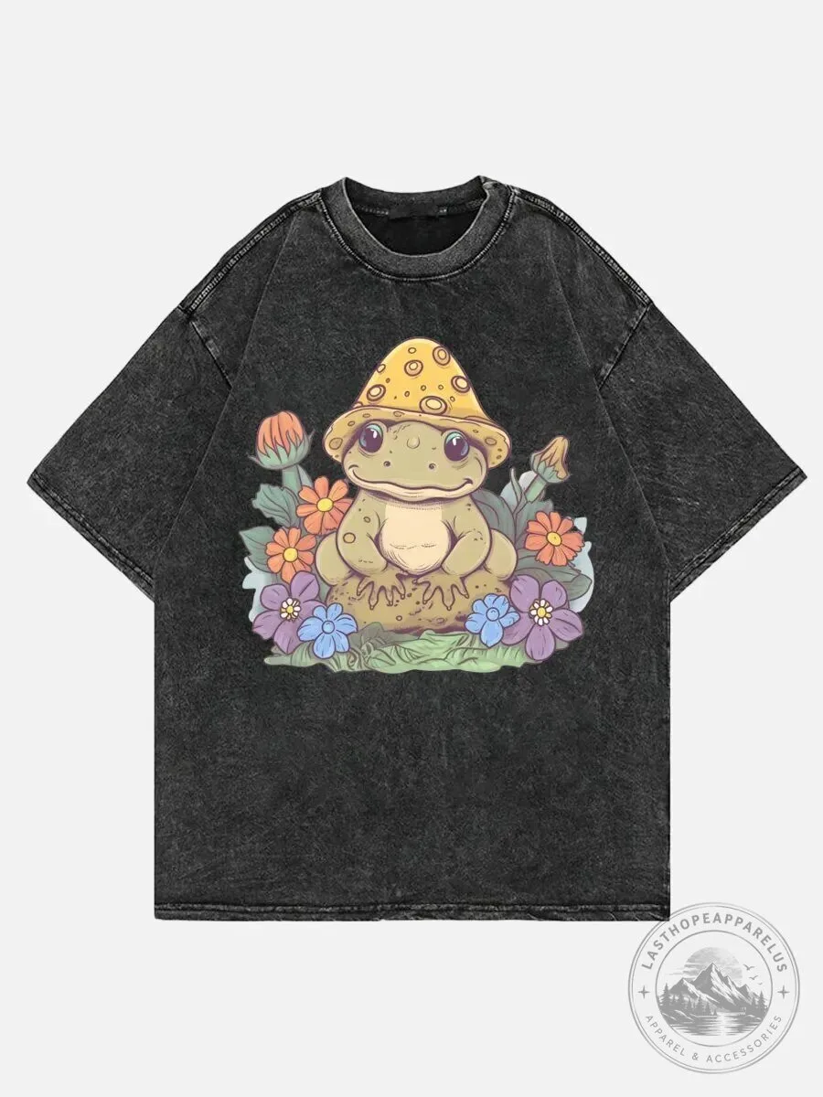 Cute Frog Wearing Mushroom Hat Surrounded By Flowers Washed T-Shirt