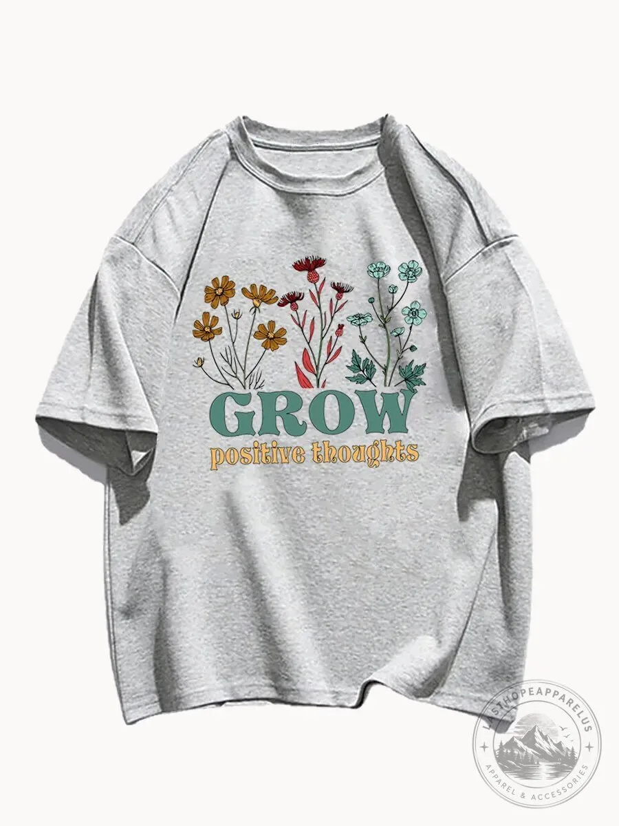 Grow Positive Thoughts Floral Inspirational Quote Gray Short Sleeve T-Shirt