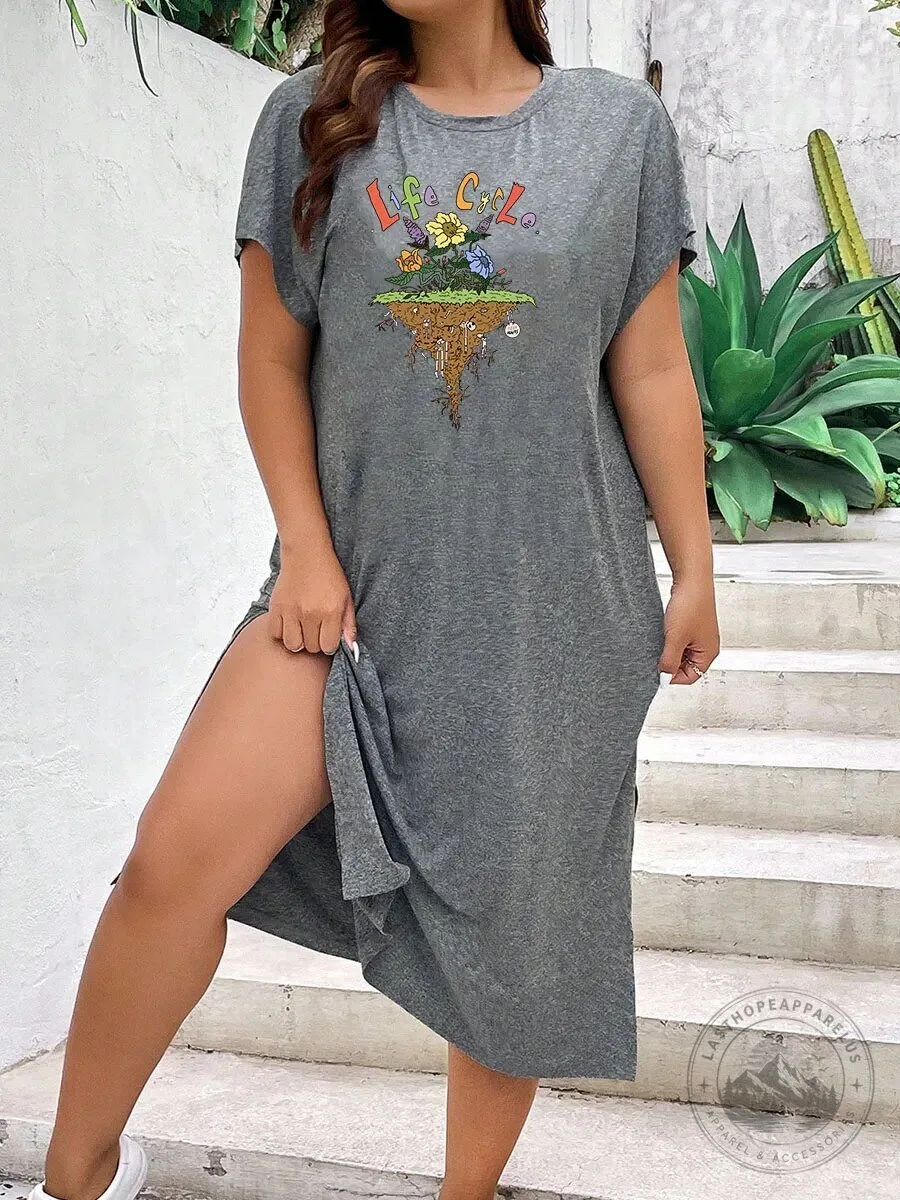 Life Cycle Floral Graphic Print Short Sleeve Crew Neck T-Shirt Dress