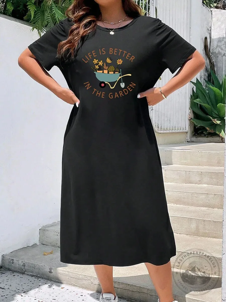 Life Is Better In The Garden Wheelbarrow Graphic Black Midi T-Shirt Dress