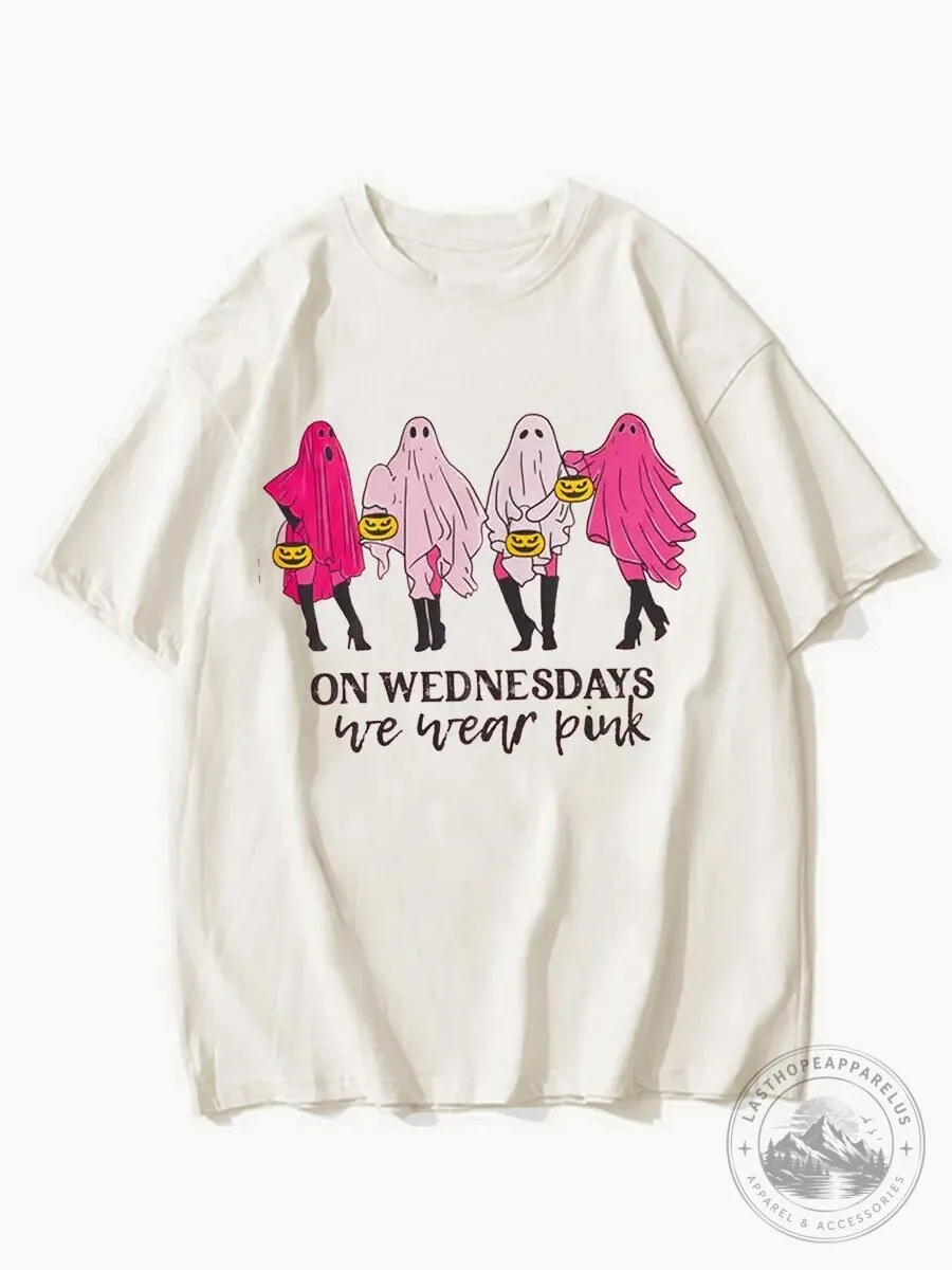 On Wednesdays We Wear Pink Halloween Ghost Graphic T-Shirt
